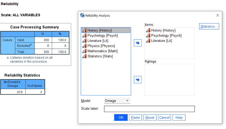 Dialog and Output showing McDonald’s Omega statistic