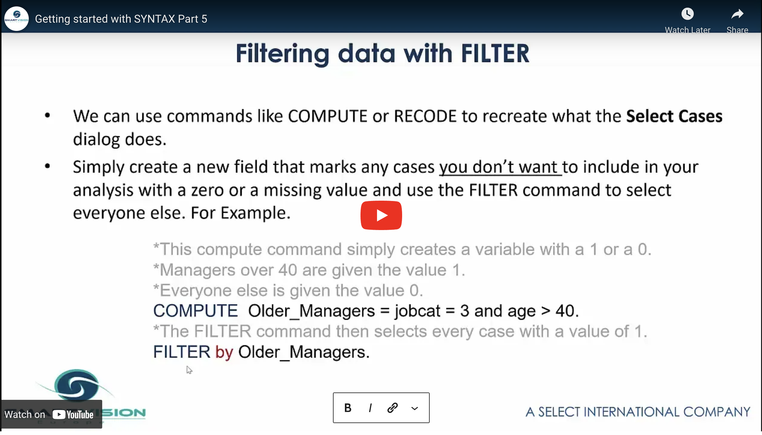 Different methods for filtering data using syntax Smart Vision Europe